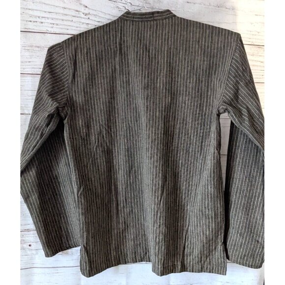 New Kurta Shirt Men 1/3 Button Up Brown 100% Cotton Striped Cuffless Long Sleeve - Picture 2 of 11